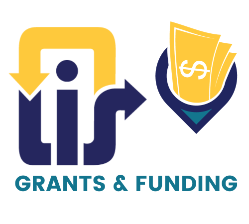 OLIS logo pointing to an image of a map pin with cash in it with the words "Grants & Funding" below