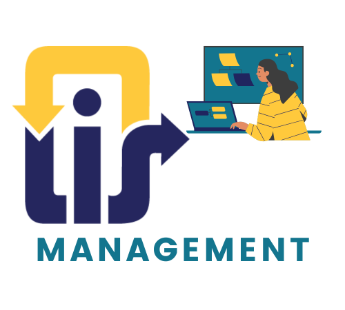 OLIS Logo with the word management below and an image of a woman organizing work on a laptop. 