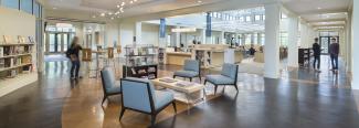 Inside a library building. 
