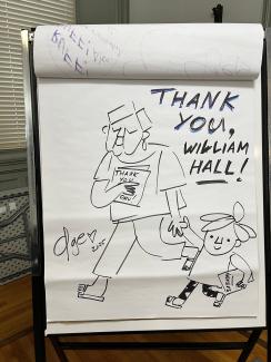 Drawing by Oge Mora with an adult and child with the message Thank You William Hall