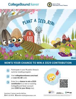 Flyer for CollegeBound Saver summer sweepstakes. Farm background with and egg and a seed reading books on a blanket. 